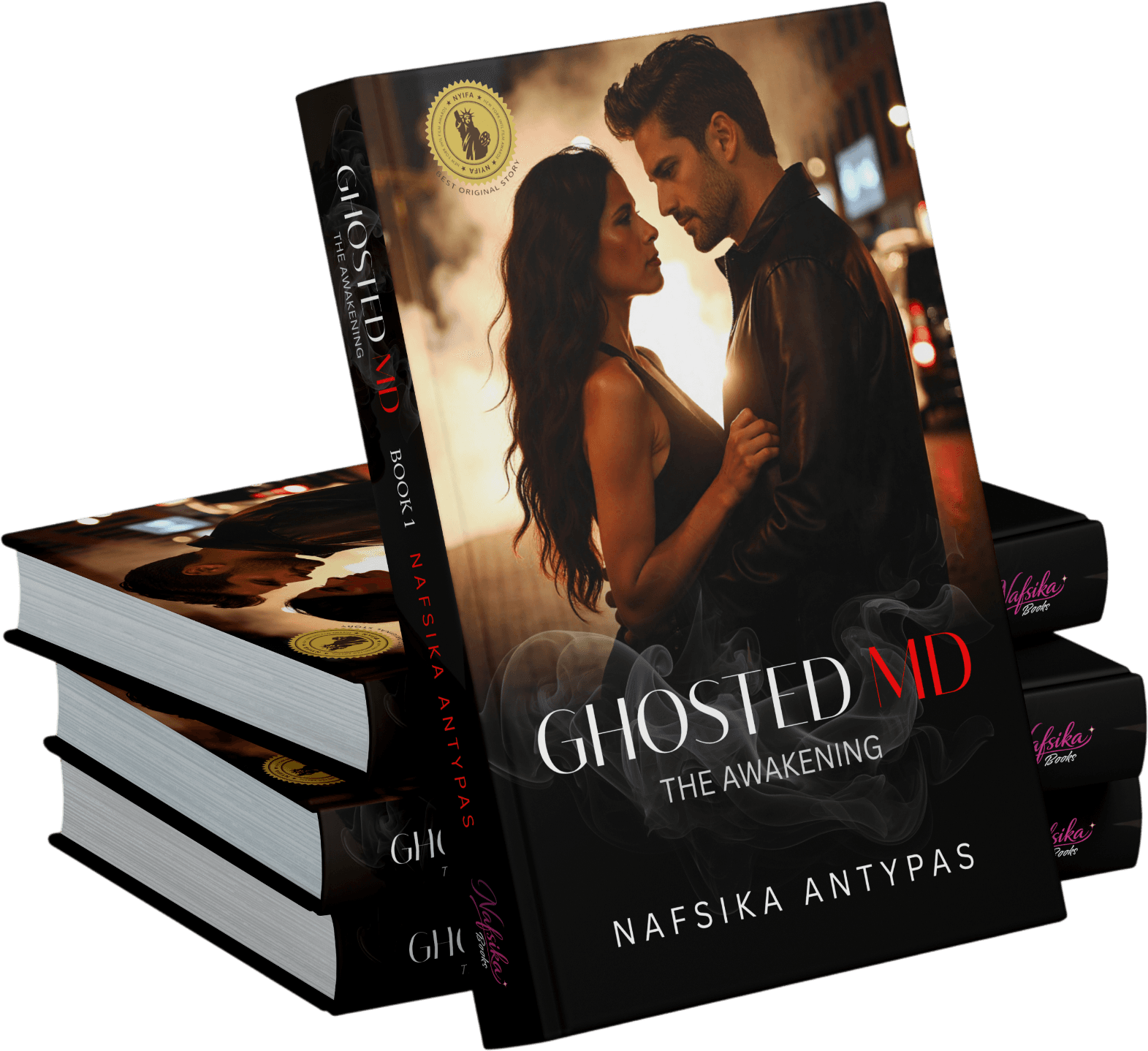 Ghosted MD book edition showing front and back cover with awards and author details